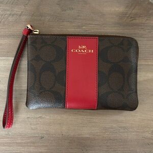 Coach Brown & Red Signature Corner Zip Wristlet w/ Stripe - Retail $88-6x4